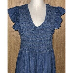 Women’s L 100% Cotton Denim Ruffle Sleeve Smocked Midi Dress with Washwell